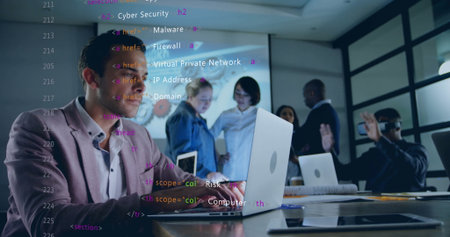 Typing man in blazer using silver laptop at conference table, with code projection, copy space. Collaboration, technology, innovation, teamwork, professional, digital, corporateの写真素材