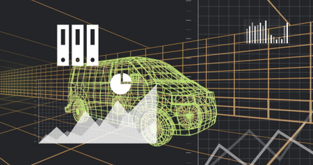 Displaying green wireframe van model rotating in 3D workspace with pie bar charts and binder icons. Futuristic, data visualization, digital, technology, analytics, projection, abstractの写真素材