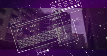 Projecting digital data overlay animating over downtown street canyon, with numeric readout panels. Futuristic, technology, innovation, urban, modern, analytics, visualizationの写真素材