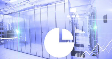 Displaying server cabinets showing LED indicators above tiles at data center with digital overlay....