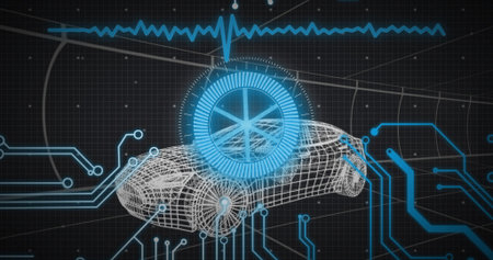 Displaying wireframe car over dark grid, tracing circuit lines, showing HUD dial and ECG waveform....