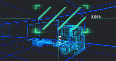 Rendering wireframe tractor-trailer moving through virtual tunnel with neon blue grid and green HUD. Futuristic, technology, data visualization, simulation, autonomous, virtual environment, digital interfaceの写真素材