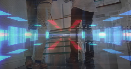 Inspecting cylindrical component, two engineers analyzing holographic data at modern lab workbench....