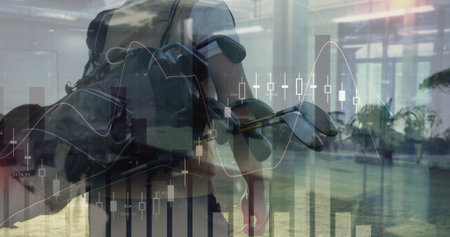 Man wearing golf attire carrying golf bag inside atrium, with candlestick and line chart overlays. Luxury, professionalism, futuristic, analysis, leisure, corporate, reflectiveの写真素材