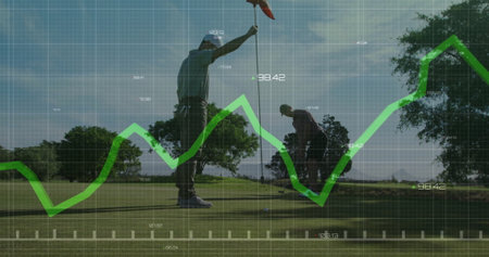 Aligning two golfers adjusting golf ball on putting green, with flagstick and data grid overlay. Sports, leisure, strategy, analytics, outdoor, competition, recreationの写真素材