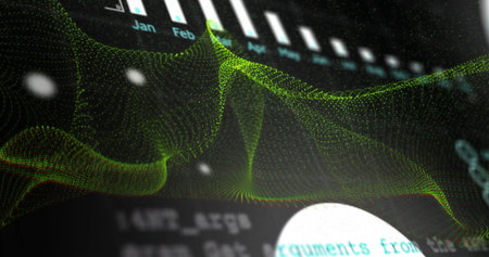 Undulating green 3D mesh wave over dark interface with Jan-Apr bar chart, cyan-white code fragments....