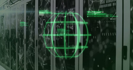 Projecting green holographic globe hovering above server racks in data center, with LED indicators....