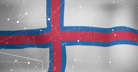 Displaying stylized Faroese flag filling frame, featuring network nodes with thin connecting lines....