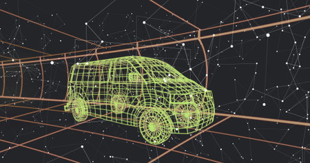 Floating green wireframe van model rotating within orange grid tunnel, with white network nodes. Futuristic, technology, digital art, cyber, visualization, abstract, innovationの写真素材