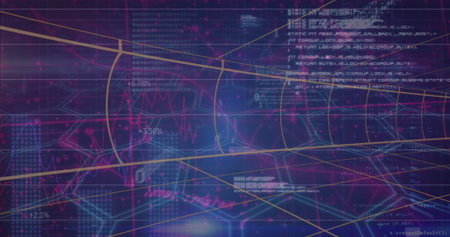Displaying data visualization in dashboard, showing shifting graphs with percentage labels and code. Analytics, technology, interface, futurism, innovation, cybersecurity, user interfaceの写真素材