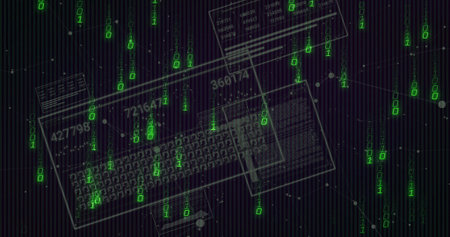Showing keyboard outlines rotating within cyberspace, with green binary digits and network nodes....