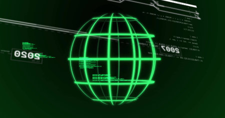 Displaying glowing green wireframe sphere hovering at center of interface, with floating code. Futuristic, digital, holographic, technology, interface, data, cyberの写真素材