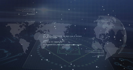 Displaying dotted world map on futuristic screen, with dotted globe, code snippets, glowing grid....