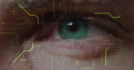 Displaying human iris showing binary data in virtual interface, with neon circuit board graphics. Futuristic, technology, digital, biometric, cybernetic, interface, innovationの写真素材