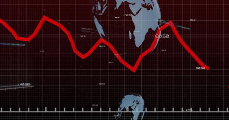 Red line graph cutting across screen, with grid, world map silhouettes, tick marks, numeric labels. Data, analytics, technology, visualization, finance, digital, statisticsの写真素材