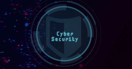 Displaying shield icon glowing with UI rings and arcs on gradient backdrop with glitch particles. Technology, protection, innovation, digital, interface, security, futuristicの写真素材