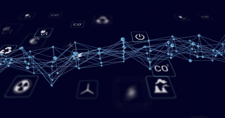 Displaying 3D mesh network connecting blue nodes in digital landscape with energy or environment icons. Futuristic, abstract, technology, data visualization, sustainability, digital interface, innovationの写真素材