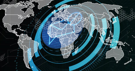 Projecting world map graphic on interface screen showing concentric rings, hex grid and binary code....