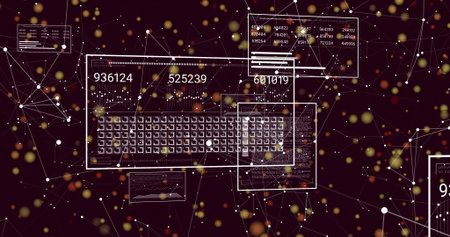 Displaying panel showing data matrix and numeric overlays on maroon scene with network nodes, bokeh....