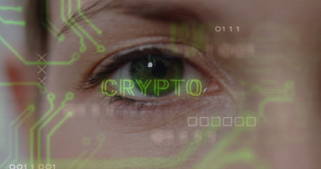 Adult woman's right eye showing text with binary code, circuit patterns in digital interface. Futuristic, technology, digital, cyberpunk, innovation, interface, biometricの写真素材