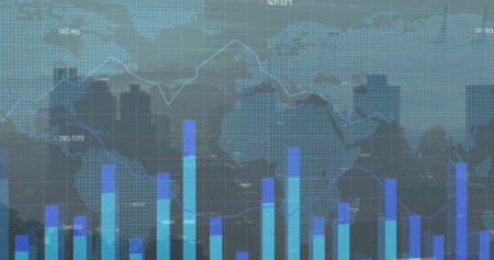Presenting dashboard overlaying skyline silhouette, with bars, line graph, dotted world map, labels....