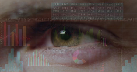Merging close-up human eye with data panels at interface, with data visualizations. Biometric,...