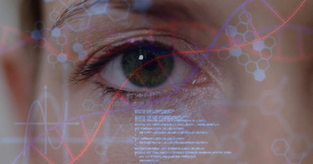 Lab interface projecting molecular hexagons onto adult female eye region, with DNA helix graphics....