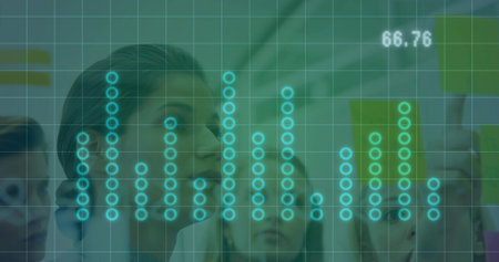 Collaborating businesswoman placing green note on glass wall in boardroom, data overlay, copy space. Collaboration, teamwork, innovation, modernity, strategy, planning, analyticsの写真素材