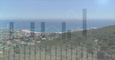 Displaying coastal view atop pine hilltop with bar charts and line overlays over houses and ocean....