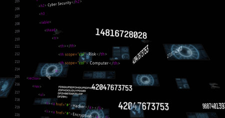 Displaying floating HTML fragments and numeric sequences in dark void, with holographic panels. Futuristic, technology, interface, data, cybersecurity, digital, visualizationの写真素材