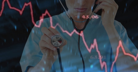 Examining medical professional adjusting stethoscope on clinic display, with red graph, blue stream....