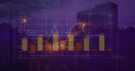 Displaying financial data overlaying street at dusk, featuring bar chart, line graph and gridlines. Analytics, urban, technology, modern, insight, development, infrastructureの写真素材