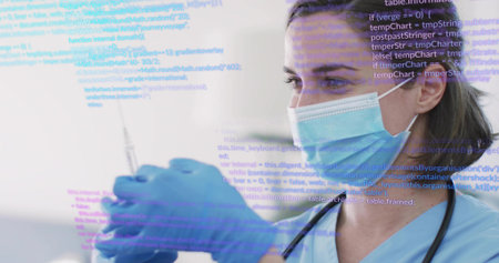 Female nurse pulling fluid into syringe in clinic, with stethoscope, vial, code-overlay, copy space. Medical, healthcare, innovation, technology, professionalism, diagnostics, precisionの写真素材