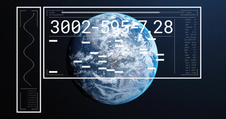 Displaying rotating Earth globe in outer space, with HUD panels displaying data streams. Planet, data visualization, futuristic, technology, digital interface, space exploration, analyticsの写真素材