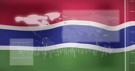 Flowing Gambia flag stripes streaming across screen, with map and Norway Germany Uruguay labels. Infographic, globalization, analytics, digital, technology, international, innovationの写真素材