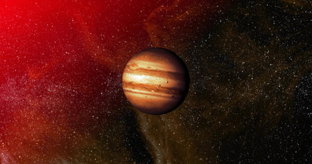 Floating red-brown gas giant planet exhibiting swirling cloud bands in space, with nebula and stars. Planet, astronomy, cosmos, nebula, universe, space, celestialの写真素材