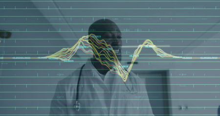 Standing physician wearing lab coat, stethoscope amid waveform grid in corridor, with data overlay. Medical, technology, futuristic, innovation, healthcare, diagnostic, analyticsの写真素材
