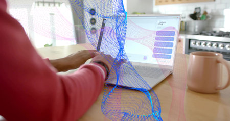Typing woman in pink top using laptop at kitchen table with floating digital wave, copy space....