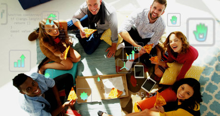 Holding pizza slices, six friends collaborating in living room, with pizza box, tablet, tech icons....