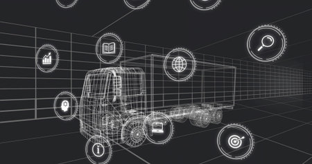 Displaying wireframe cargo truck model in virtual grid environment, showing floating digital icons. Technology, innovation, futurism, data visualization, virtual reality, engineeringの写真素材
