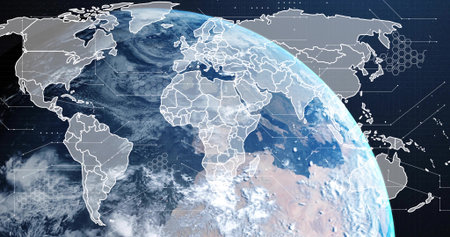 Displaying stylized Earth globe rotating in outer space, with border overlays and data nodes. Futuristic, technology, geospatial, global, science, abstraction, digitalの写真素材
