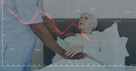 Leaning nurse in blue scrubs assisting elderly patient in gown at hospital bedside, data overlay....