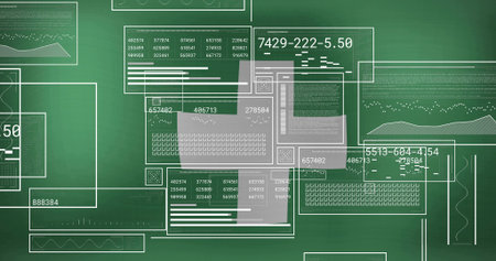 Stacking panels on chalkboard revealing data tables charts text overlays and keyboard patterns....