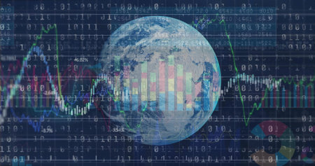 Displaying Earth globe on dark grid with binary code, bar charts, line graphs and numeric data. Futuristic, technology, analytics, data visualization, digital, global, innovationの写真素材