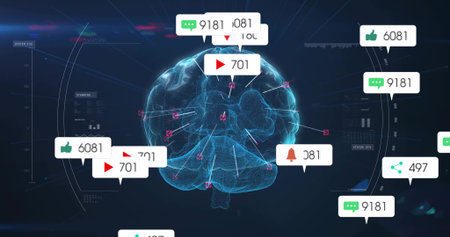 Floating wireframe brain model connecting social media icons in analytics UI, overlaying readouts....