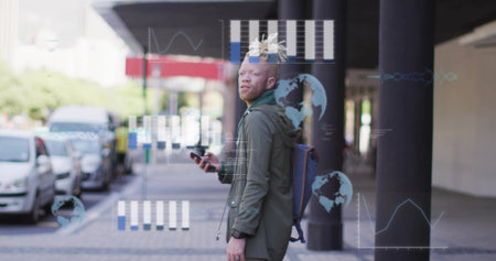Holding smartphone and glancing at data charts, man walking on urban sidewalk with backpack. Technology, analytics, business, transportation, modern, professional, urbanの写真素材