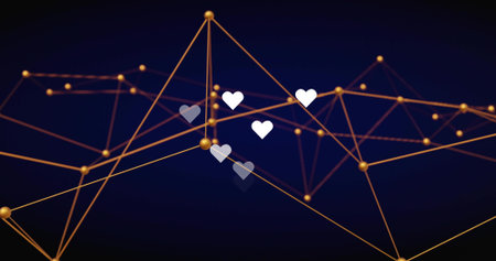 Showcasing network hovering in virtual space, with golden nodes, glowing lines and heart icons. Futuristic, connectivity, innovation, technology, digital, aesthetic, visualizationの写真素材
