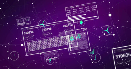 Displaying keyboard panel over purple network grid, with data windows and floating icons....