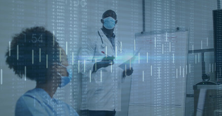 Presenting doctor explaining data overlays in consultation room, with clipboard and flip chart....