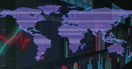 Displaying world map on high-tech dashboard, with green red trend lines, bar, pie charts, tickers. Digital, futuristic, immersive, data visualization, interface, analytics, technologyの写真素材